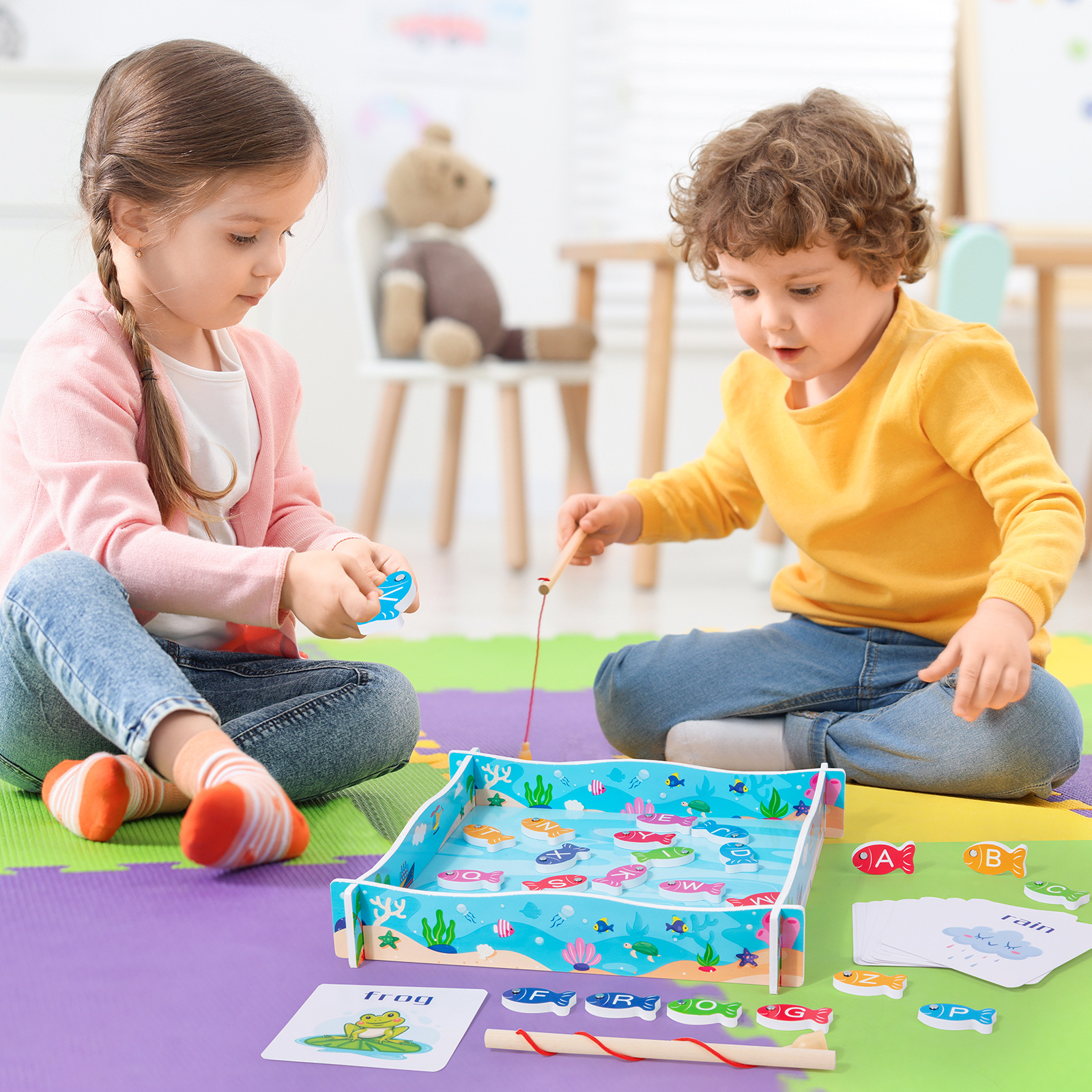 Barril de Madera Juguetes de Pesca Marina educación temprana educativa diversión cognitiva peces magnéticos juego entre padres e hijos al por mayor