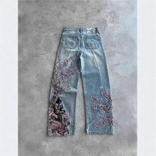 2025秋冬新款高腰美式复古显瘦休闲百搭重工花朵哈伦时尚休闲牛仔
