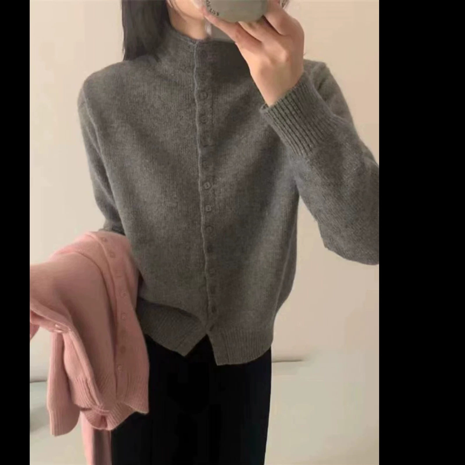 Серый ~ Трикотажный кардиган с длинными рукавами воротником осенью и зимой