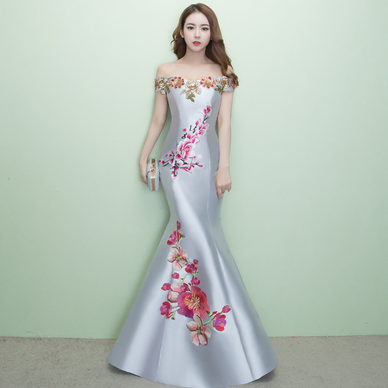 Comercio exterior europeo y americano Amazon AliExpress deseo nuevo bordado apliques off-hombro fishtail Delgado temperamento vestido de noche
