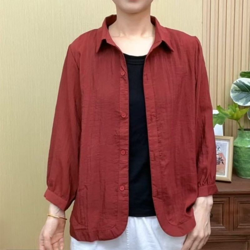 Summer Shirts, Thin Tops, Mother's Wear, Solid Color Sun Protection Cardigans, Casual Versatile Shirts, Middle-Aged and Elderly Women's Clothing