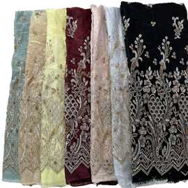 重工丝绒欧式流行定位花绒布底珠管亮片绣婚纱面料礼服绣花布lace