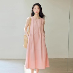 法式桔梗粉色无袖背心连衣裙女夏季新款温柔风小个子学生气质长裙