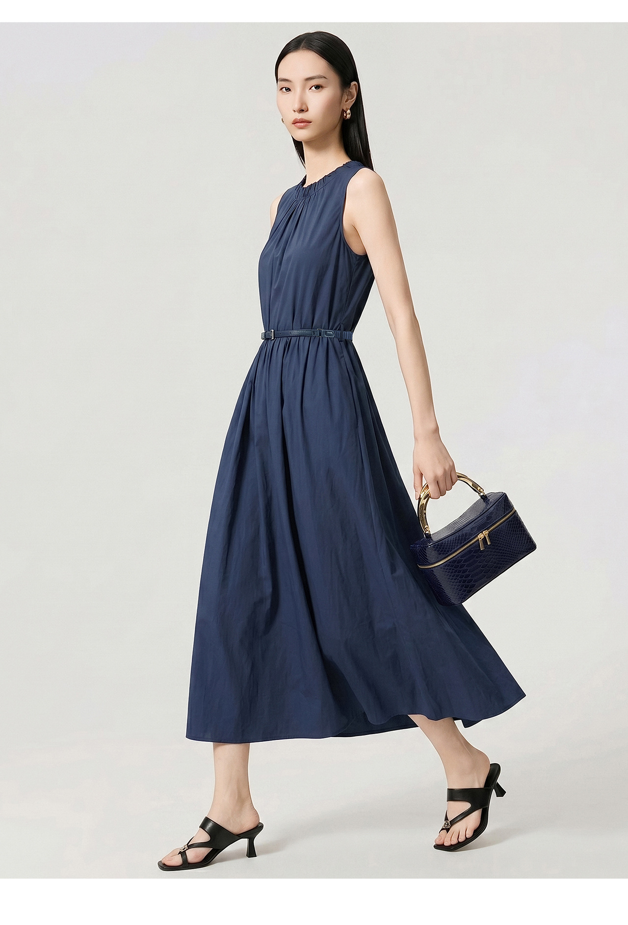 Đầm maxi nữ thắt eo không tay chất cotton phong cách Pháp cổ điển — xanh lam chi tiết 14