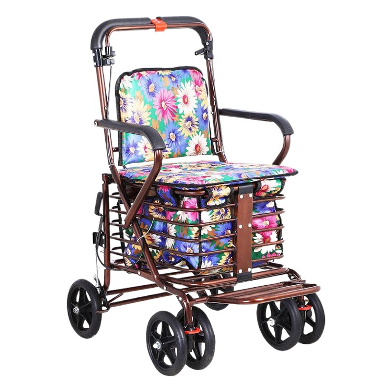Fábrica al por mayor scooter ancianos puede sentarse y empujar asiento de compras de cuatro ruedas plegable ayuda para caminar ancianos mano empujar carrito de compras