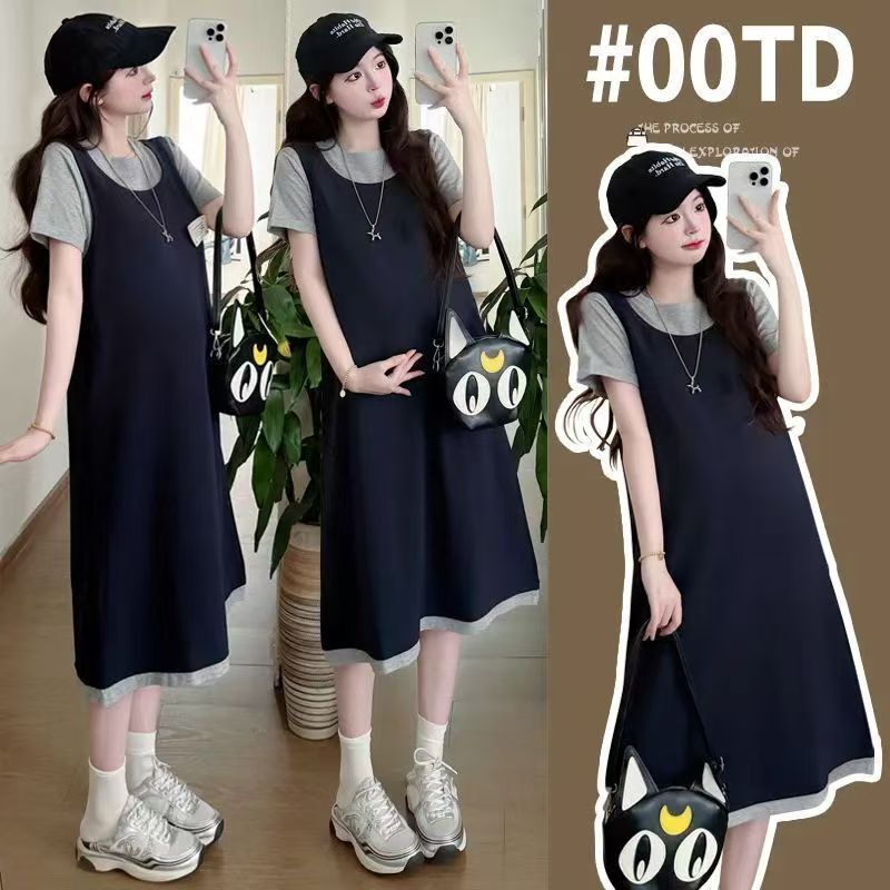 Maternity Dress Summer Outfit, Faux Two-Piece, Comfortable Color-Blocking, Summer Short-Sleeve Plus-Size Maternity Top, Mid-Length