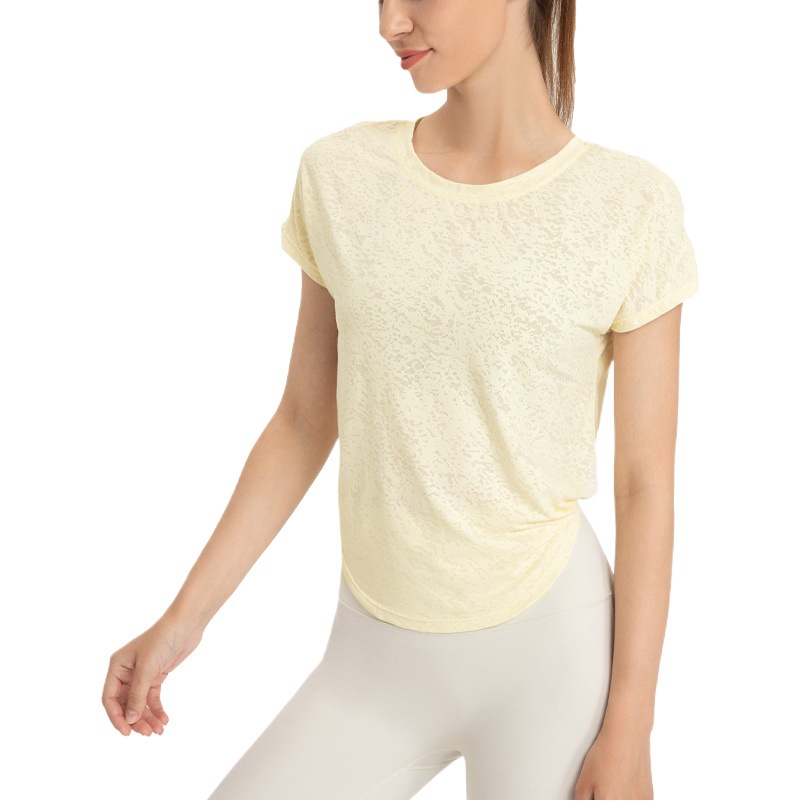 Ropa de Yoga de manga corta deportiva suelta de secado rápido blusa ligera transpirable belleza espalda superior hendidura jacquard fitness camiseta