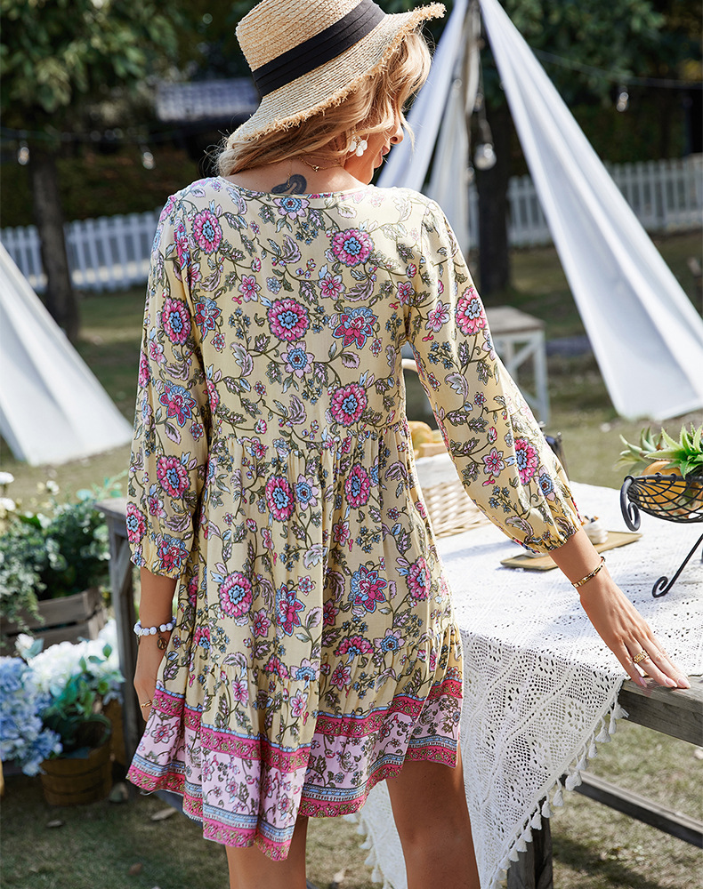 V Neck Long Sleeve Lace-Up Flower Print Dress NSDY114681