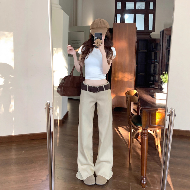 2025 秋季辣妹宽腰带休闲长裤女百搭修身显瘦垂感拖地宽松阔腿裤|undefined