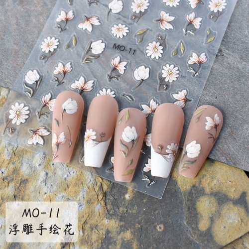 Buchelati Nail Stickers 5D Embossed Stickers Retro Magnolia and lotus Flower Nail Decor Embossed Stickers