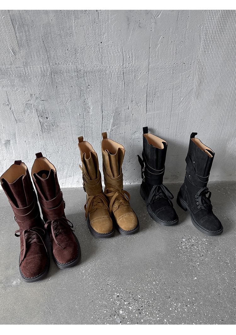 Boot cao bồi cổ trung bình da bò lộn phong cách retro, gót thấp khóa thắt lưng — đen, màu nâu sẫm, kaki chi tiết 32