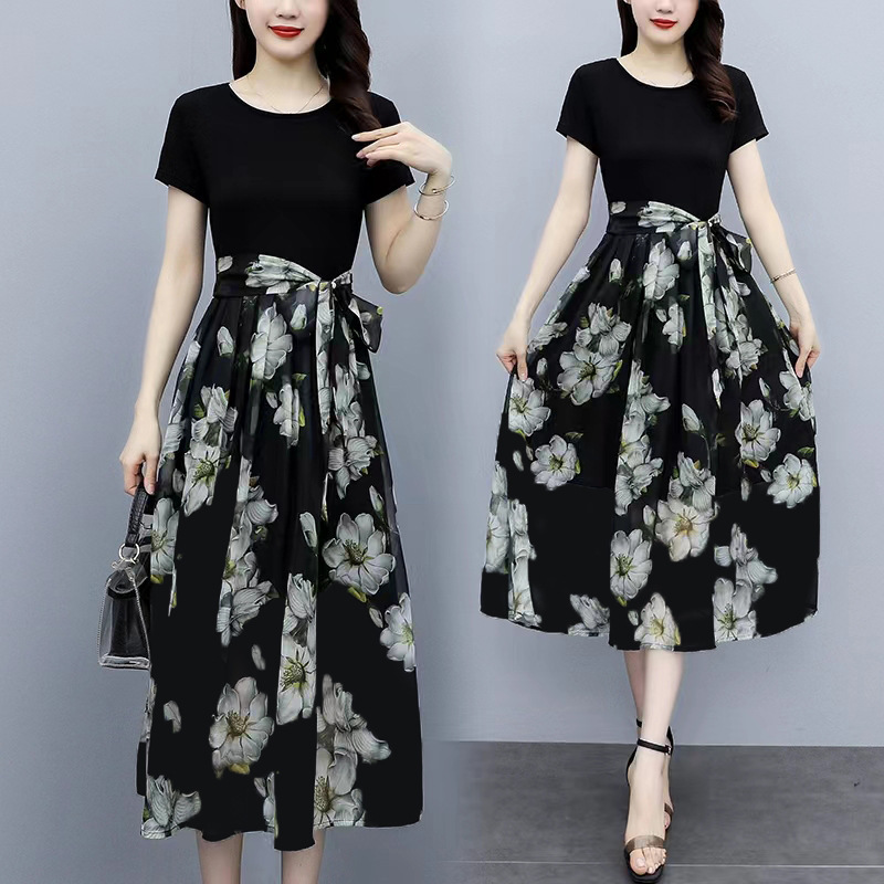 2024 Summer New Elegant Waist Short-sleeved Printed dress Mid-length Waist Belly Covering Fake Two-piece Long Dress