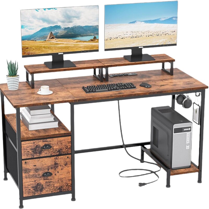Computer Desk with Drawers and Power Outlets, Office Desk with Monitor Stand and Fabric File Cabinet, Gaming Desk