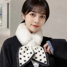 围巾女秋冬季仿獭兔毛绒交叉波点围脖韩版潮保暖百搭护颈脖套冬天