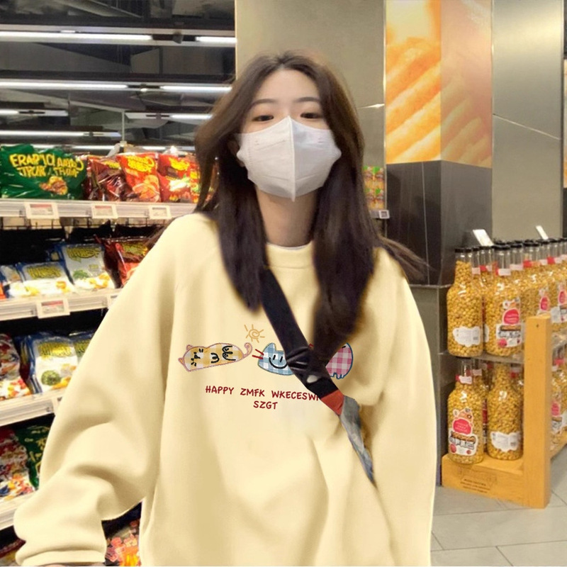 奶黄色银狐绒圆领卫衣女秋冬加绒加厚oversize小众设计感无帽上衣|undefined