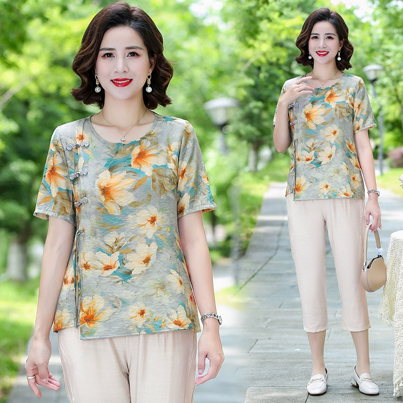 Mom Summer Новый костюм среднего возраста иностранные топы для женщин среднего и пожилого возраста тонкие летние рукава с короткими рукавами