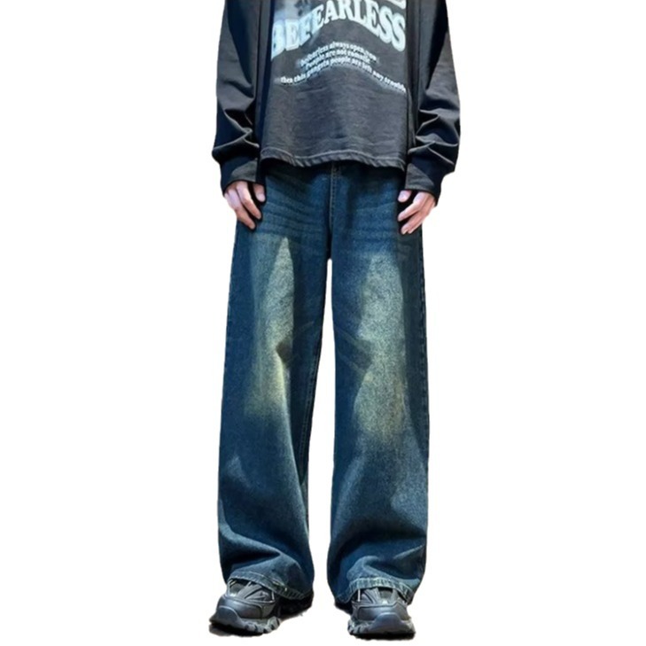Calle drapeado pantalones vaqueros de pierna ancha Pantalones rectos sueltos de los hombres de la marca de moda lavada americana apenada pantalones largos Casuales