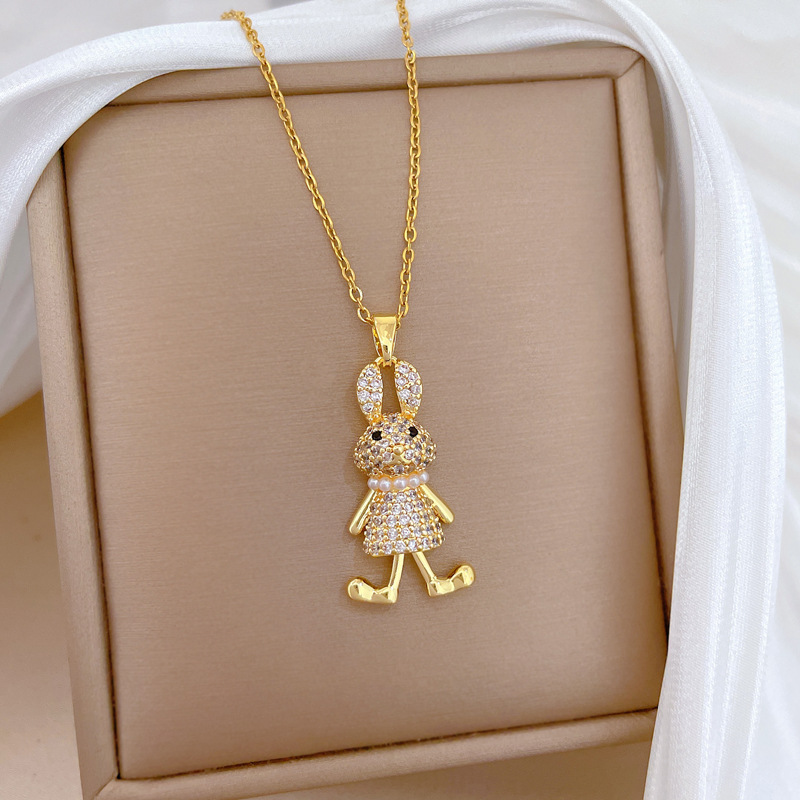 Luxurious Titanium Steel Pearl Rabbit Necklace With Full Diamond_voghion.com