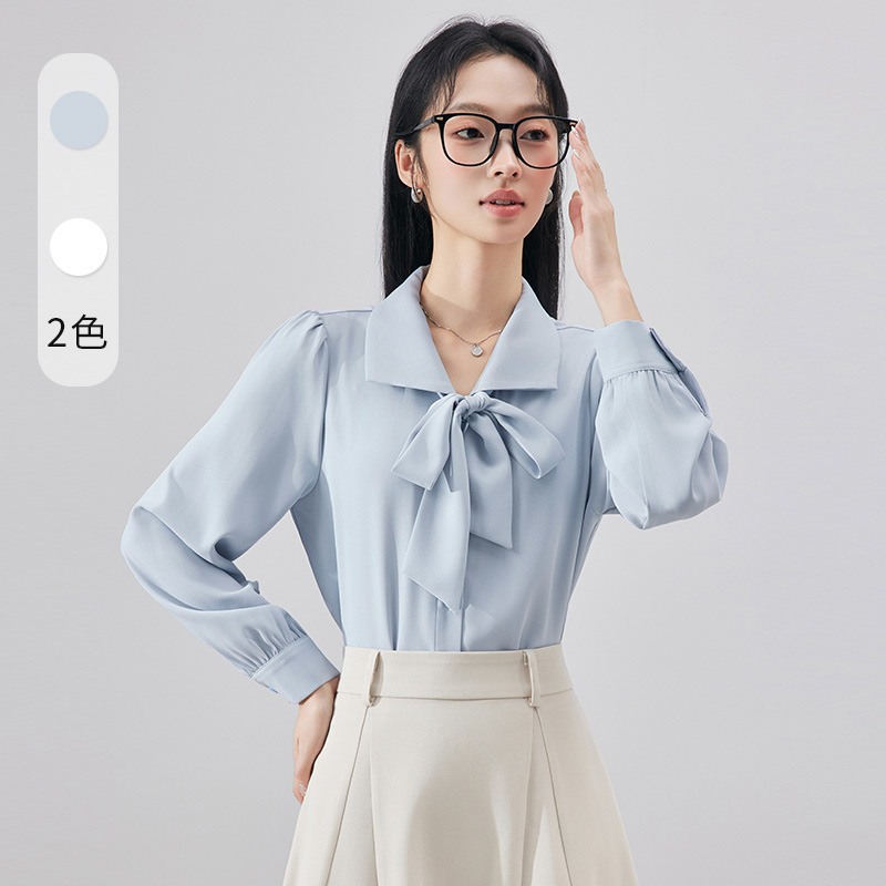 Pink Lace-Up Long-Sleeved Shirt for Women, Autumn Teacher Wear, Interview Formal Wear, Professional Wear, Commuter Chiffon Shirt