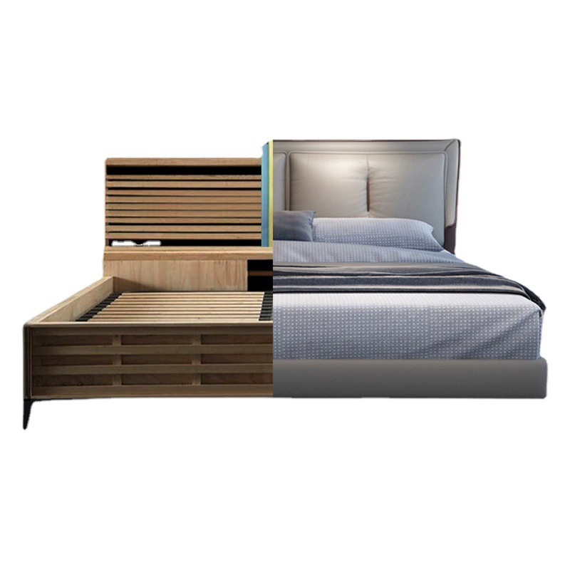 Итальянская минималистичная кровать из натуральной кожи, двуспальная обитая свадебная кровать для главной спальни с высоким ящиком для хранения, легкая роскошная кожаная кровать, в скандинавском стиле Simmons.