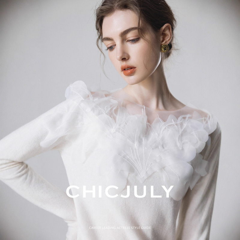 Hanyuan Apparel/2026 Gentle Swan Neck Wool + Feather Hand-Embroidered Floral Mesh Base Knit Sweater