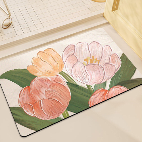 Camellia bathroom diatom mud floor mat water-absorbent non-slip soft cushion fresh flowers bathroom door home toilet entry