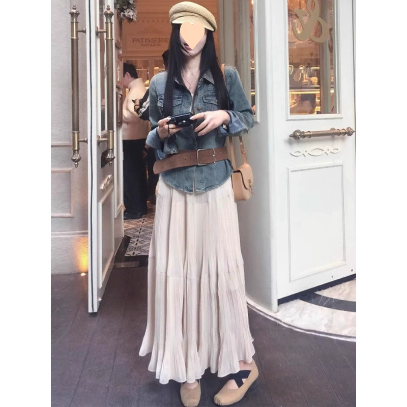 Белая шифоновая юбка для женщин весной и летом с высокой талией, утягивающая юбка-зонтик, плиссированная юбка средней длины для маленьких людей