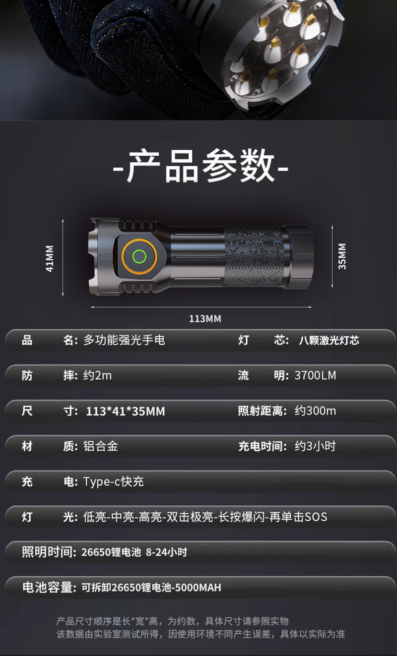 Cross-Border New Model Eight-Eye Strong Light Mini Flashlight, Long-Range, Small, Portable, Outdoor, Ultra-Bright, Magnetic Work Light for Home Use
