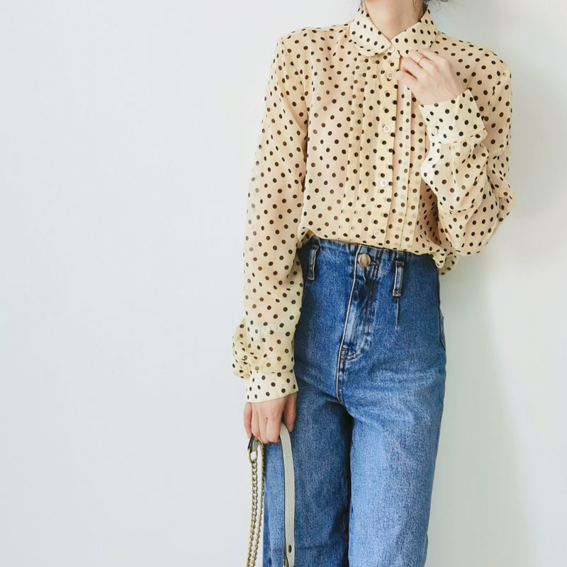 Special Offer: Slightly Sheer French Retro Pleated Polka Dot Print Doll Collar Silk Shirt for Women, Made of Mulberry Silk