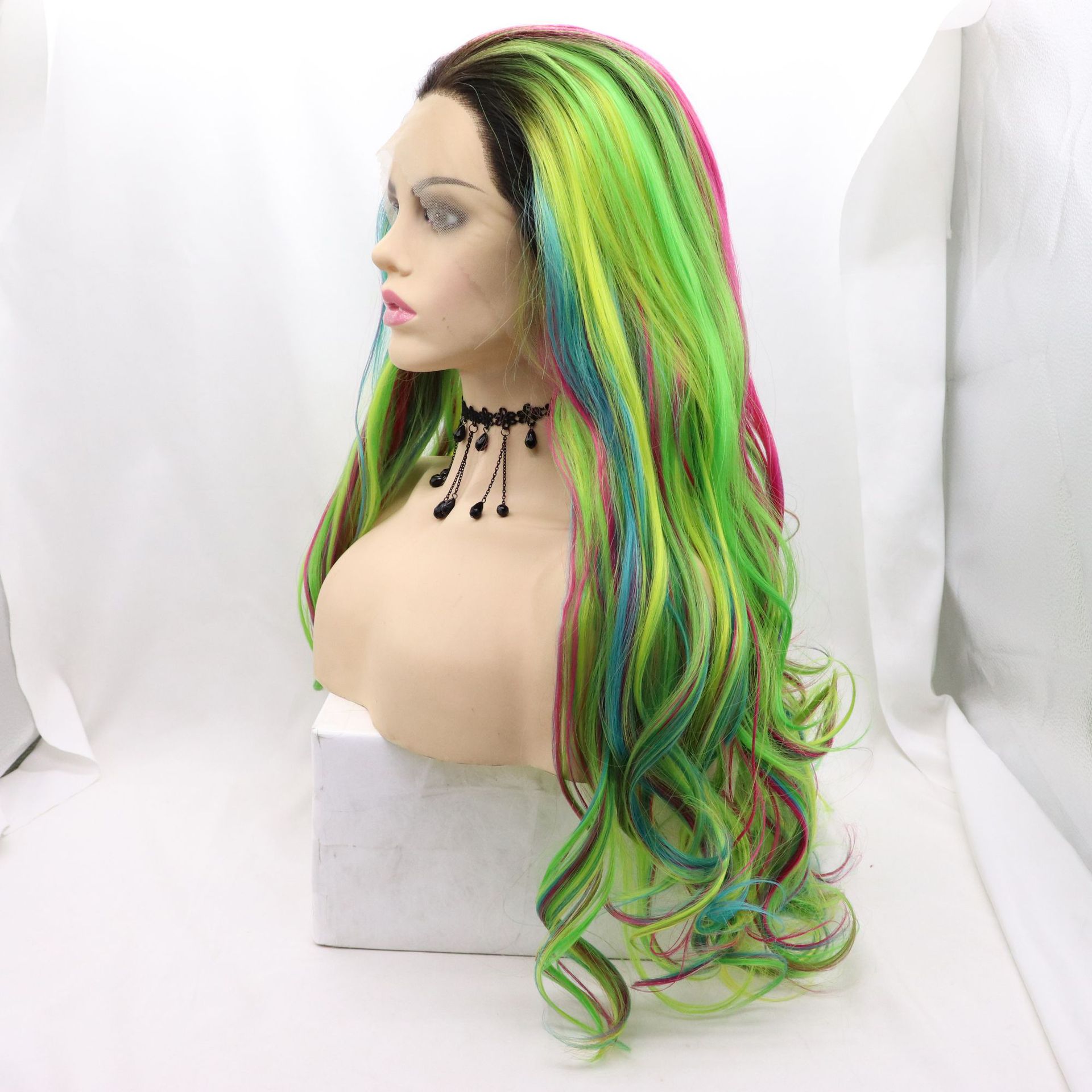 NEW LOOK frente encaje fibra química cubierta de cabeza gran cantidad de stock T color arco iris colorido cabello rizado largo de alta temperatura peluca de seda