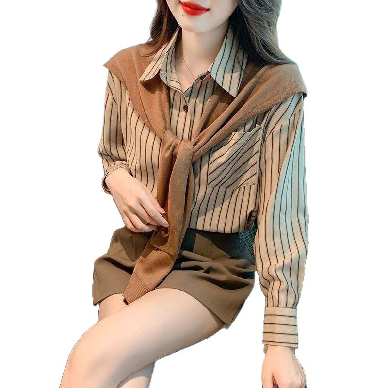 音卓2023春秋季别致披肩休闲衬衣长袖复古条纹衬衫女上衣直筒宽松|undefined