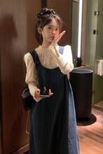 两件套装/学院秋冬新款风藏青色毛呢背带连衣裙女学生+木耳边衬衫