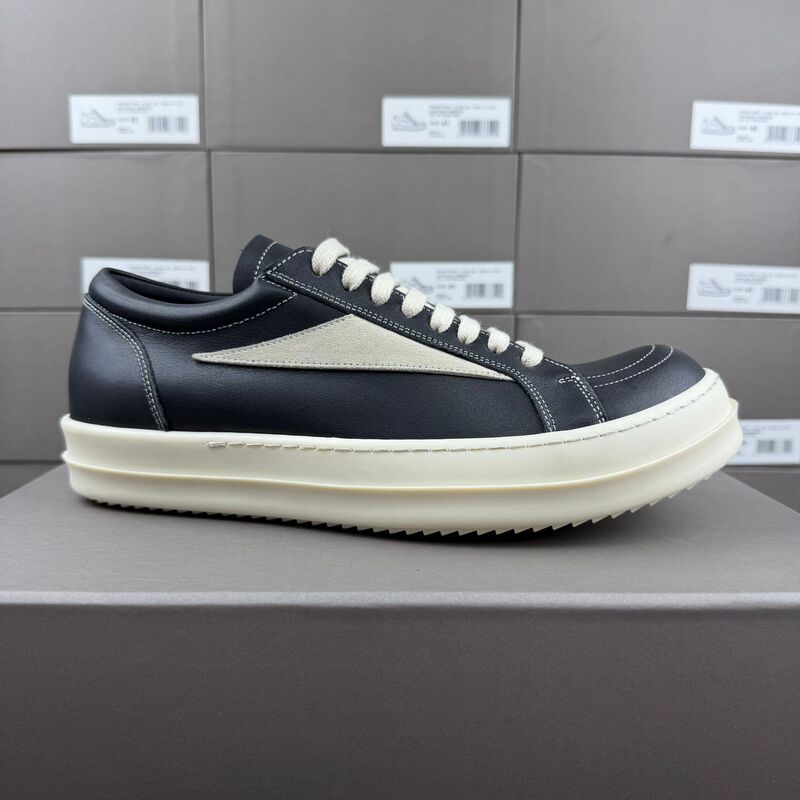 Ro Shoes Classic Small Triangle Men's Retro Sneakers Low-Top Full-Grain Leather Sneakers Dark Style Thick Sole