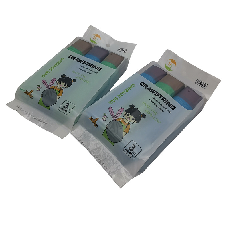 L3241 3 bolsas de basura de cuerda de extracción de cocina doméstica de punto de rollo rotura tipo bolsa de basura de boca plana 2 tiendas