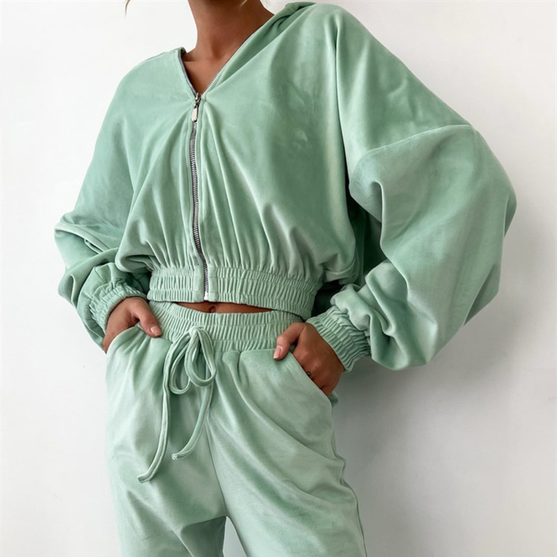 2026 Amazon Cross-Border Casual Silver Fox Velvet Suit Solid Color Long-Sleeve Zip-Up Cardigan with Tie-Up Pants Two-Piece Set for Women