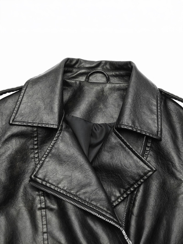 跨境女士PU机车皮衣翻领多拉链可调腰带现货直供​Women's coat|undefined