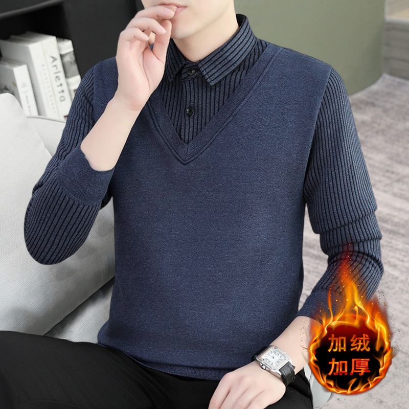 남자 스웨터 가짜 두 조각 가을 겨울 새로운 한국 스타일 LED 니트 스웨터 기모 셔츠 칼라 가을과 겨울 기모 두껍게