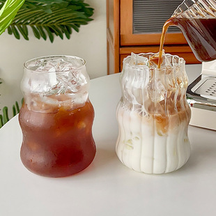High Borosilicate Glass Stripesd Straw Cup Ins Style High-Value Coffee Milk Cup Heat-Resistant Glass Cold Drink Cup Single Cup