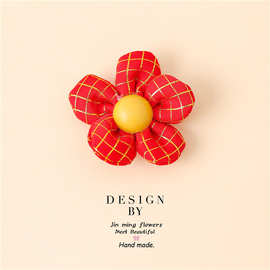 diy布艺手工花配件 喜庆节日红色格子花朵配饰 服装辅料 金格五瓣