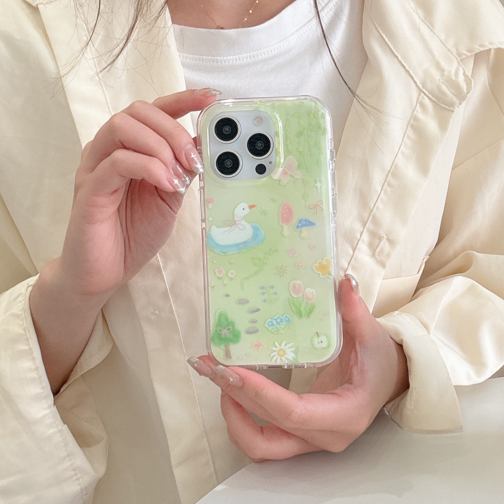 Primavera pintura al óleo flor pato para Apple 16pm funda para teléfono móvil iphone14 fresco 15ProMax nuevo 13