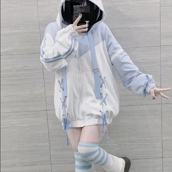 Electronic Dream Watercolor Angel Style Watercolor Hooded Autumn Thin Jacket Japanese Style Loose Fit Drawstring Zipper Sweatshirt Electronic Dream Watercolor Angel Style Watercolor Hooded Autumn Thin Jacket Japanese Style Loose Fit Drawstring Zipper Sweatshirt