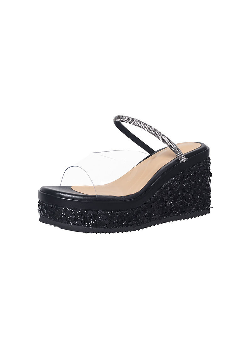 Sandal cao gót nữ hở mũi đế xuồng gót 10 cm phối sequin lấp lánh — màu đen, bạc chi tiết 22