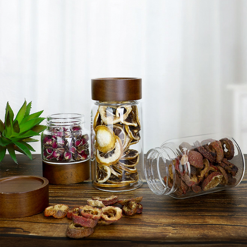 包邮厨房收纳花茶杂粮密封罐相思木盖玻璃储物罐螺口竹木盖玻璃罐