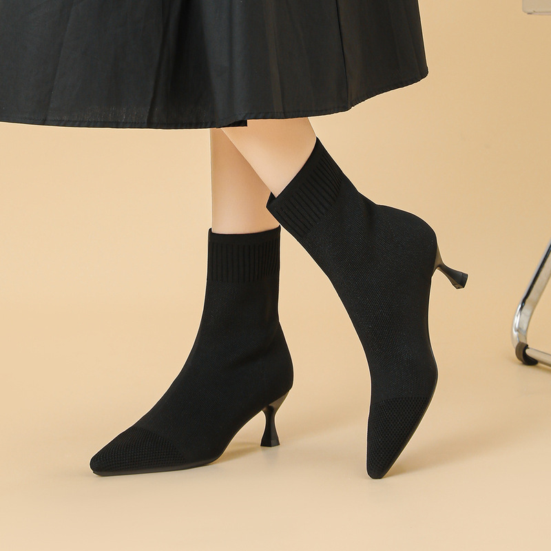 150 European and American Women's Pointed Thin Heel Ankle Boots Breathable Knitted Solid Color Casual Boots Fashionable Thin Boots