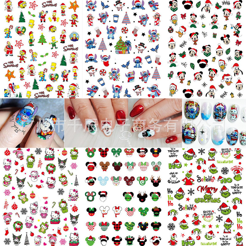 2024 Cross Border Nail Art Christmas Cute Cartoon Stitch Kitty Cat Green Hair Monster Grinch Nail Sticker