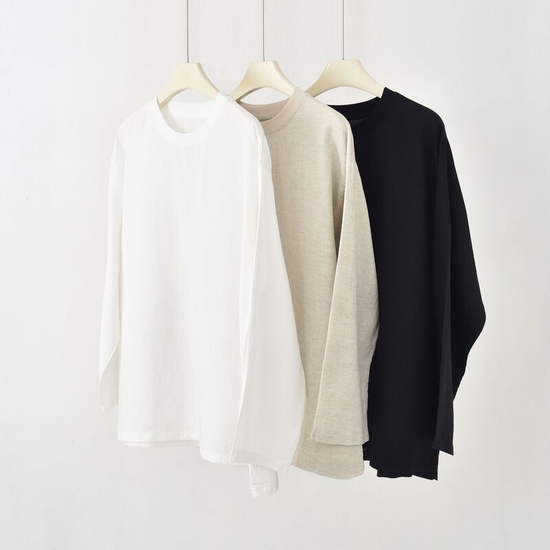Linen White Shirt Summer Long-Sleeved Loose Round Neck T-Shirt for Women Row Style Minimalist Versatile Top with a Lazy and Relaxed Feel