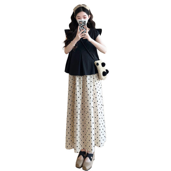 2025 Summer New Flying Sleeve Doll Shirt Top Polo Dot Skirt Elegant Pregnant Women's suit