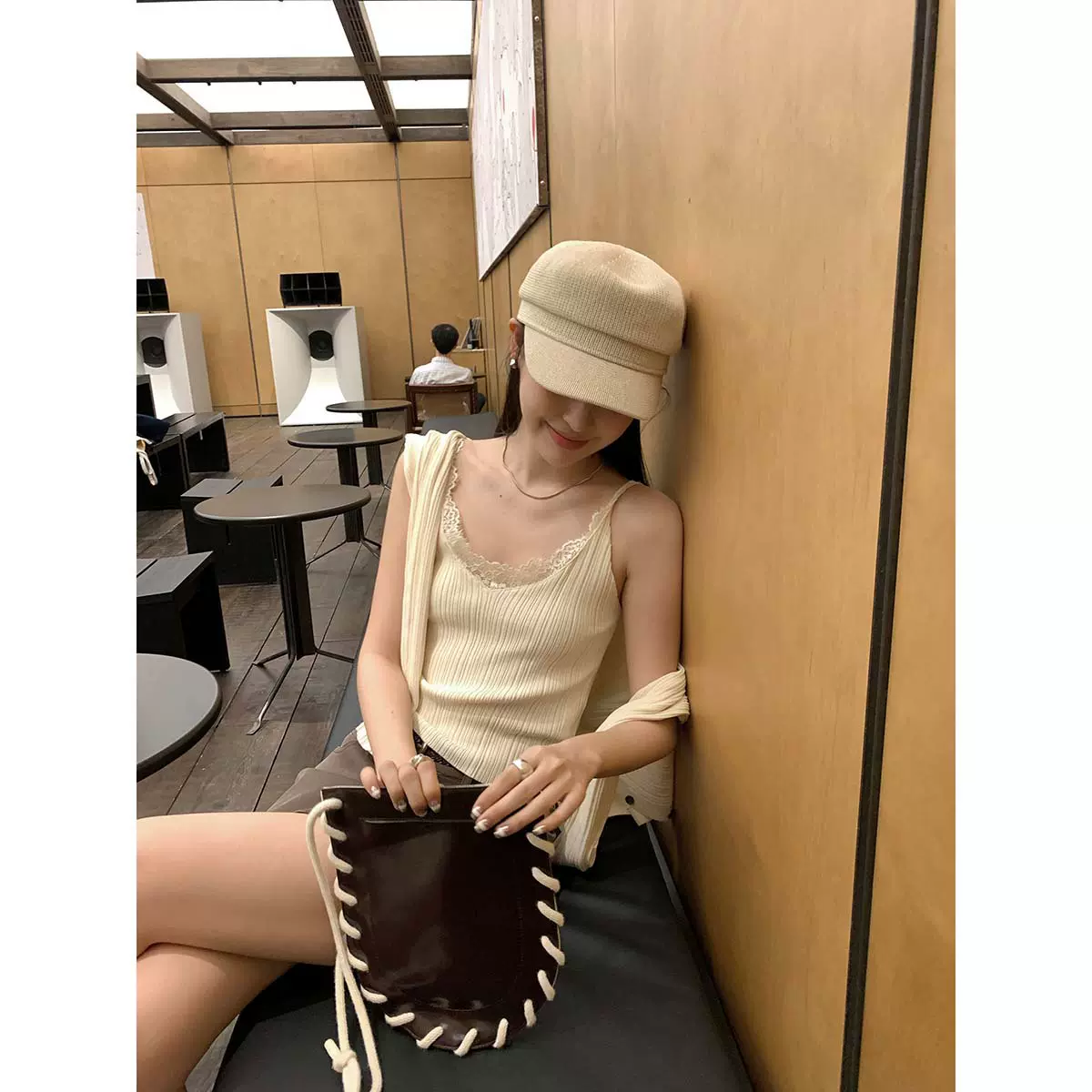 【十三行特价不退换】拼接蕾丝吊带背心女修身坑条无袖针织上衣