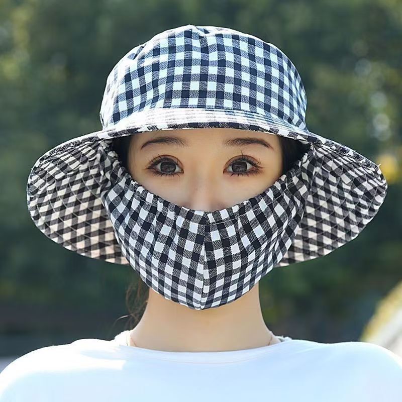 夏の屋外女性の防風茶抗紫外線マスク帽子オールインワン日焼け止め帽子|undefined