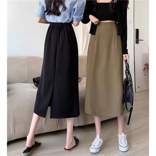 Plus-size Spring Summer Autumn Women's High-Waist Suit Skirt A-line Slimming Design Sensory Slit Hip-Hiding Black Dress